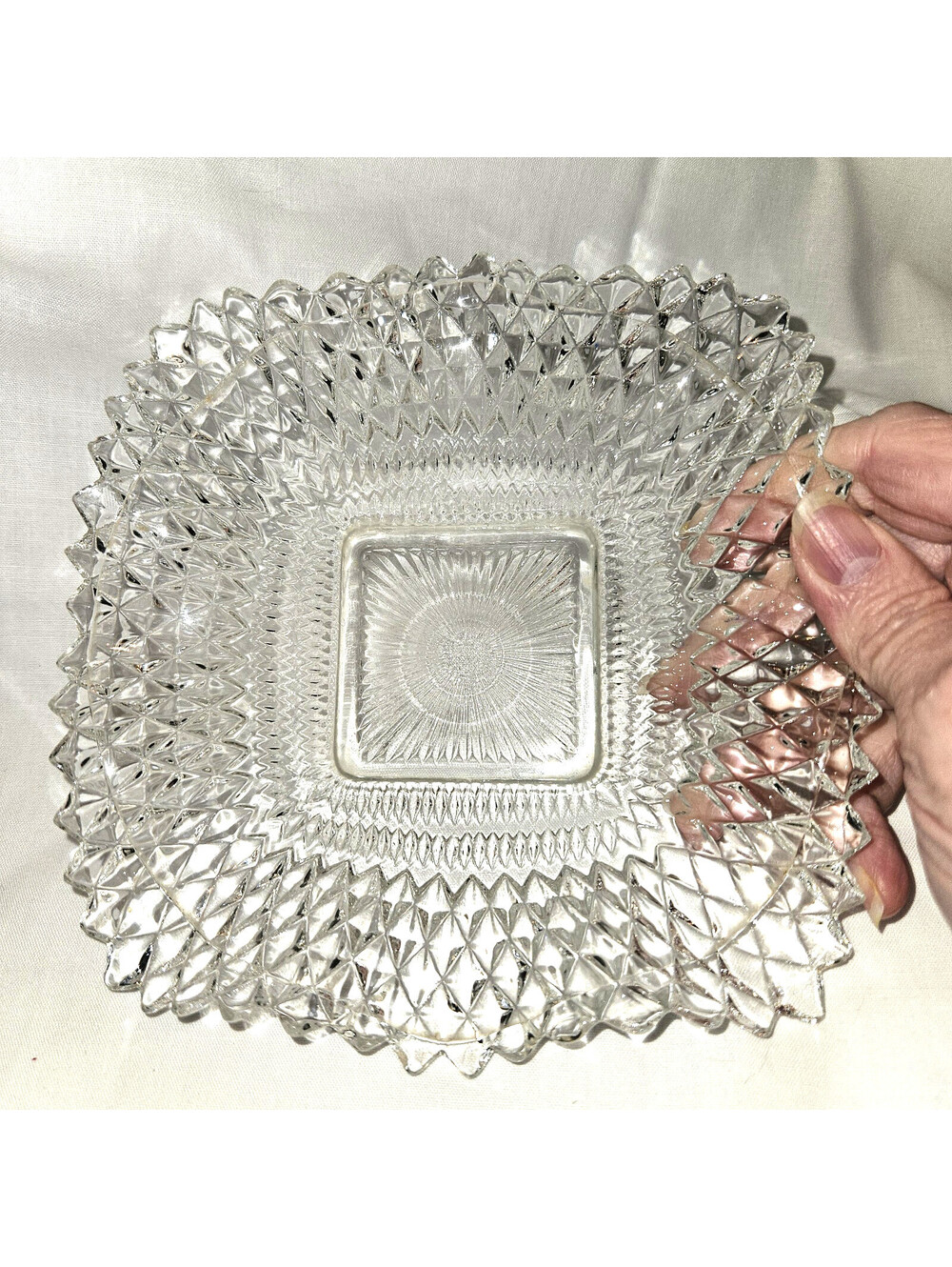 Vintage Clear Indiana Glass Co Square Ruffled Diamond Point Candy Nut Dish Bowl